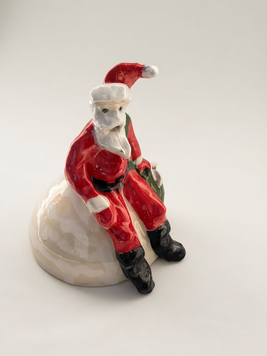 Figura de cerámica de Papá Noel con traje rojo sentada sobre una loma blanca