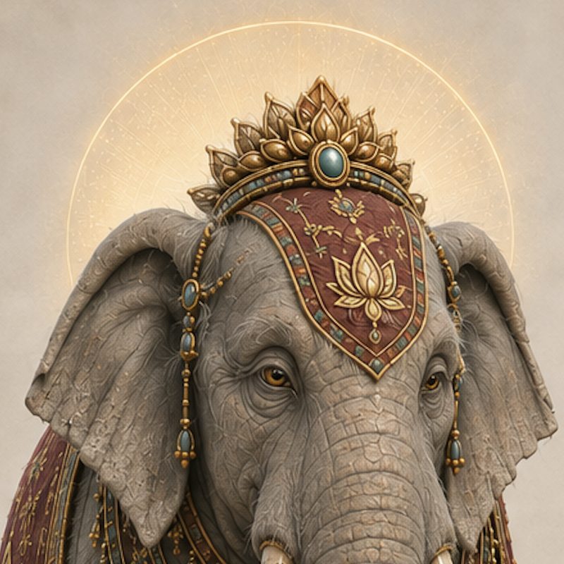 Ganesha, elefante con corona dorada y mantos bordados, rodeado por un halo de luz