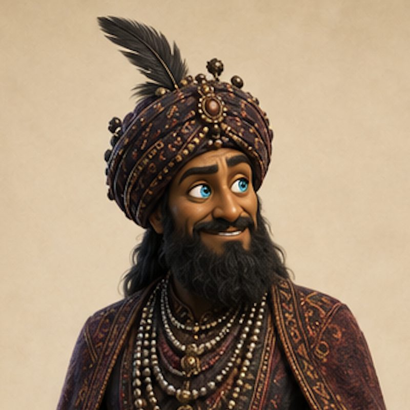Sarcof, hombre de turbante con pluma, collares de perlas y un pergamino en la mano
