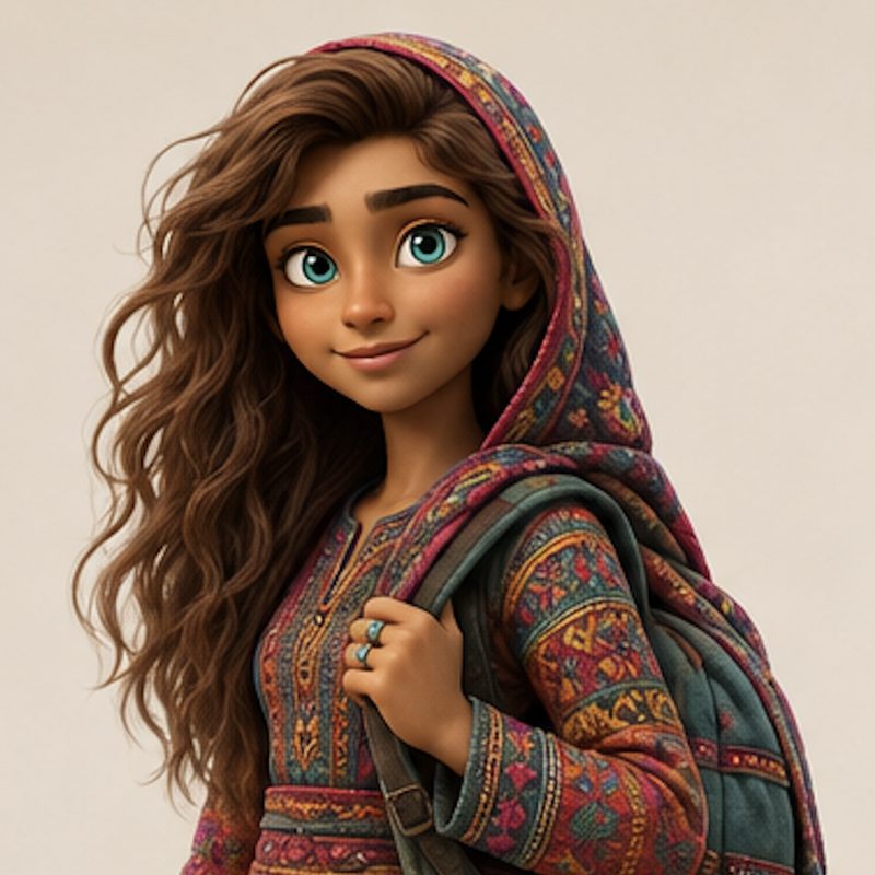 Amanda, joven de ojos turquesa y cabello castaño ondulado, con vestido y chal bordado del valle de Hunza