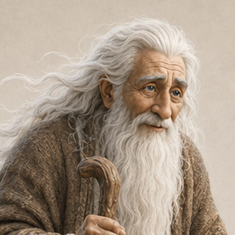 Kolia, anciano de cabello y barba blancos apoyado en un bastón de madera