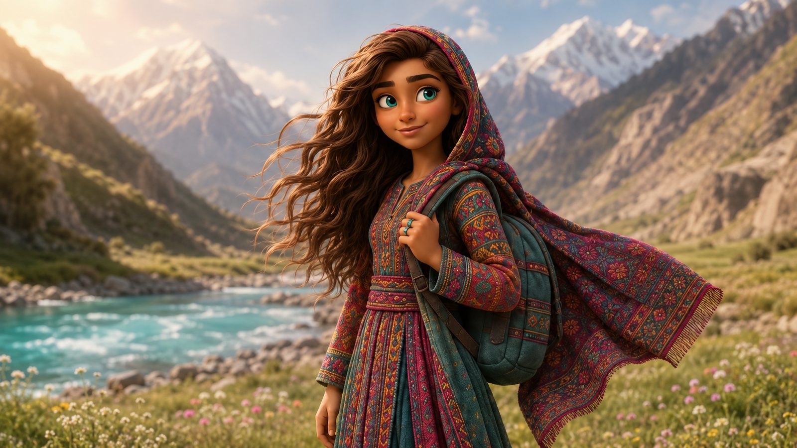 Amanda camina por una pradera florecida del valle de Hunza, con su chal bordado al viento, el río turquesa y las montañas nevadas al fondo